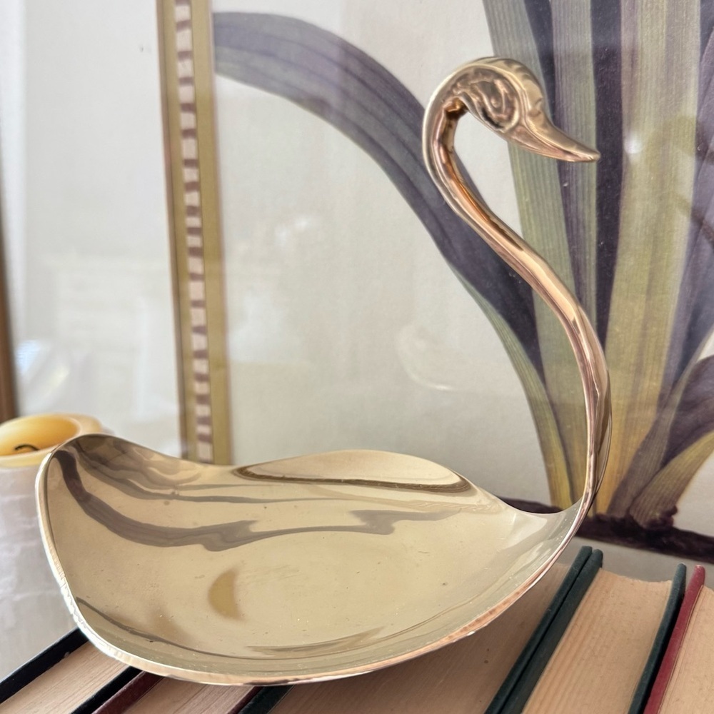 Vintage Brass Swan Catchall Trinket Bowl Retro Hollywood Regency Decor